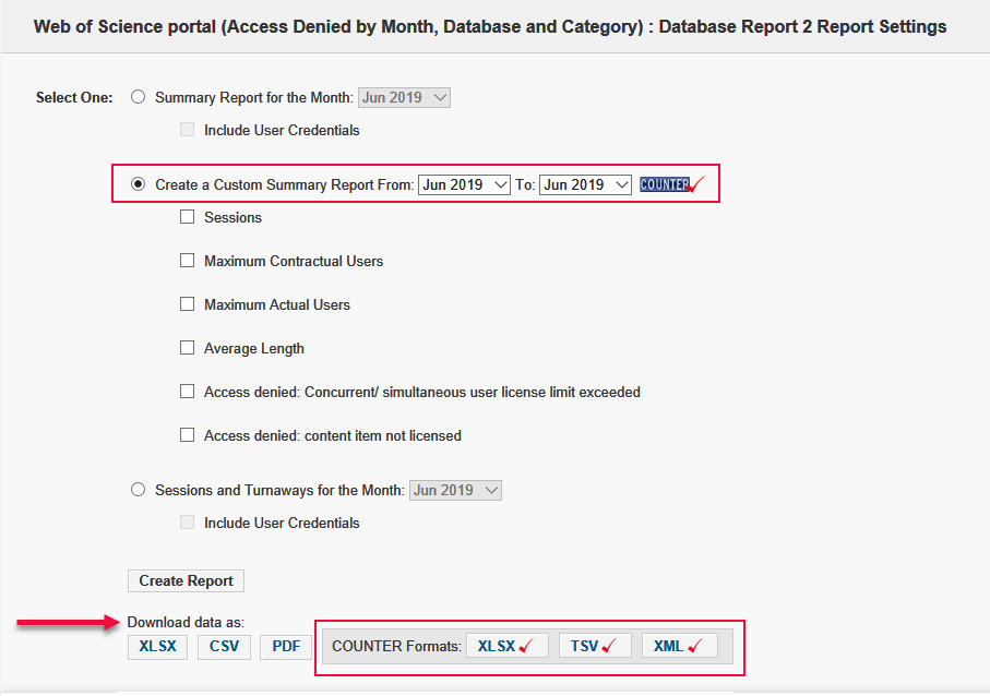 Screen capture of COUNTER format settings